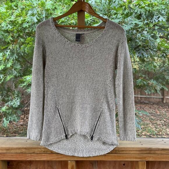 Quinn Oatmeal Colored Open Knit Sweater With Zipper Accents Size S - Picture 1 of 9